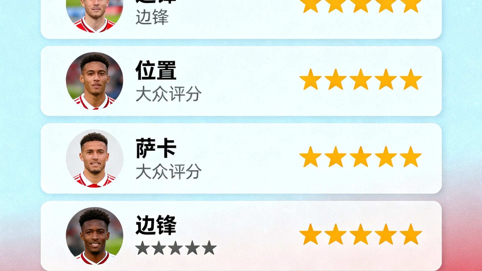 赛后球员评分界面展示：阿森纳对阵曼联赛后评分面板，每位球员配有头像、位置和大众评分星级，萨卡以8.7分位列全场最高